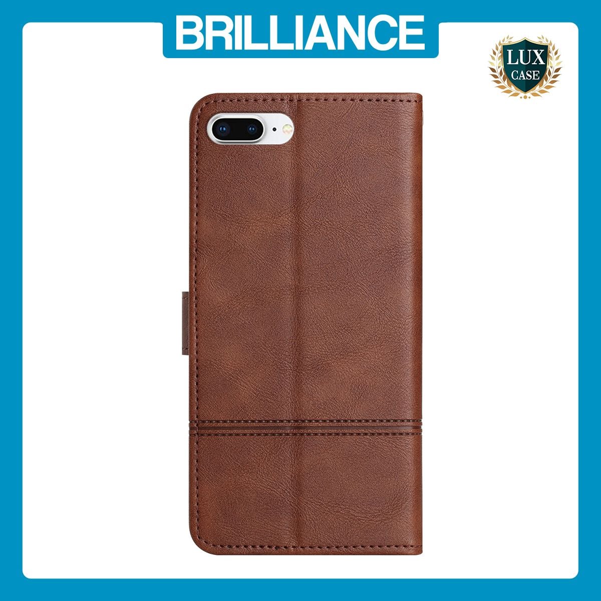 Brilliance LUX iPhone 6P/7P/8P Flip PU Leather Wallet ShockProof Imprinted Cowhide Texture with Wrist Strap Case Dark Brown