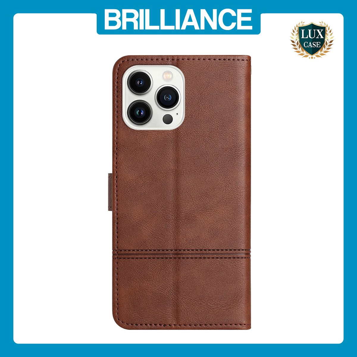 Brilliance LUX iPhone 12 Pro Max Flip PU Leather Wallet ShockProof Imprinted Cowhide Texture with Wrist Strap Case Dark Brown