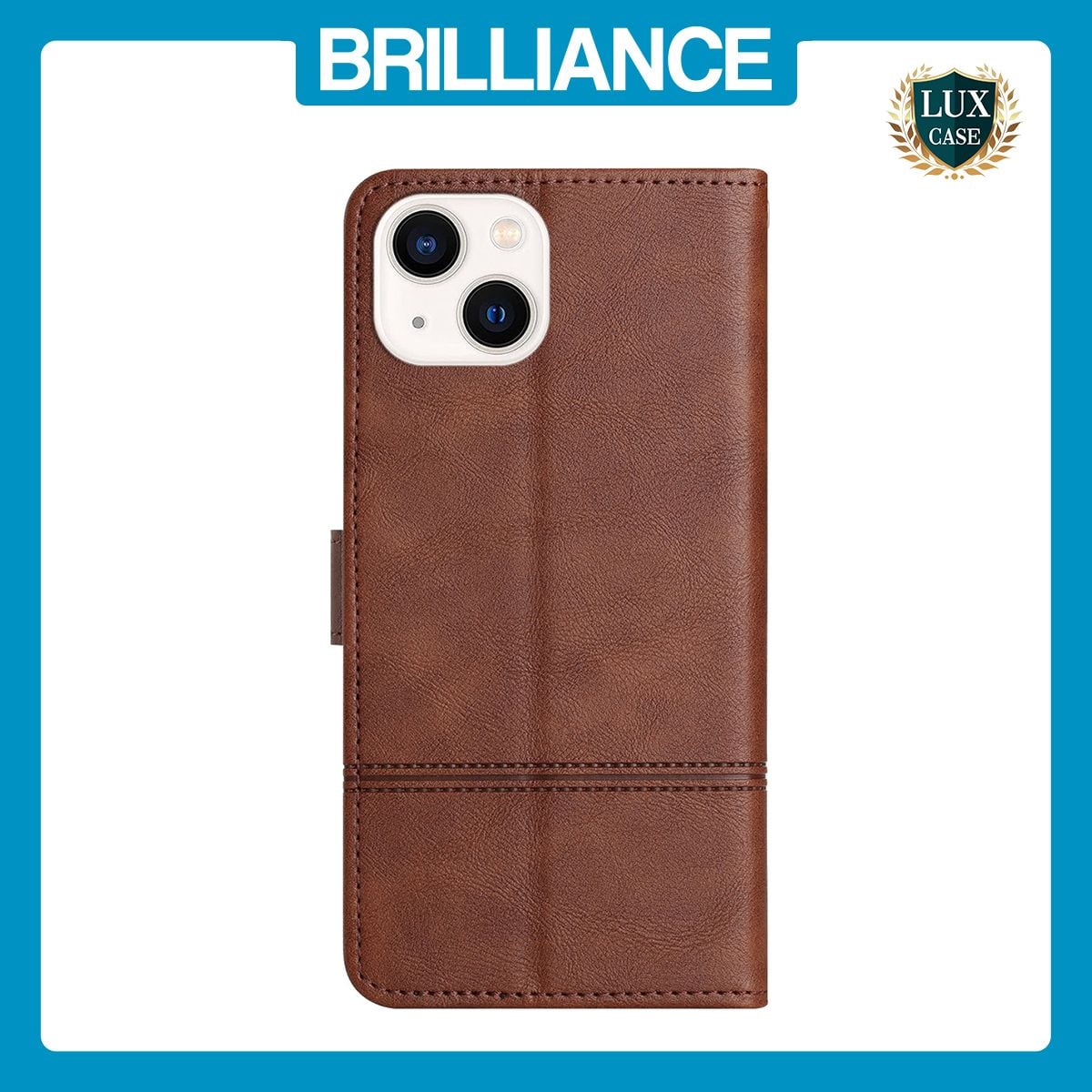 Brilliance LUX iPhone 15 Flip PU Leather Wallet ShockProof Imprinted Cowhide Texture with Wrist Strap Case Dark Brown