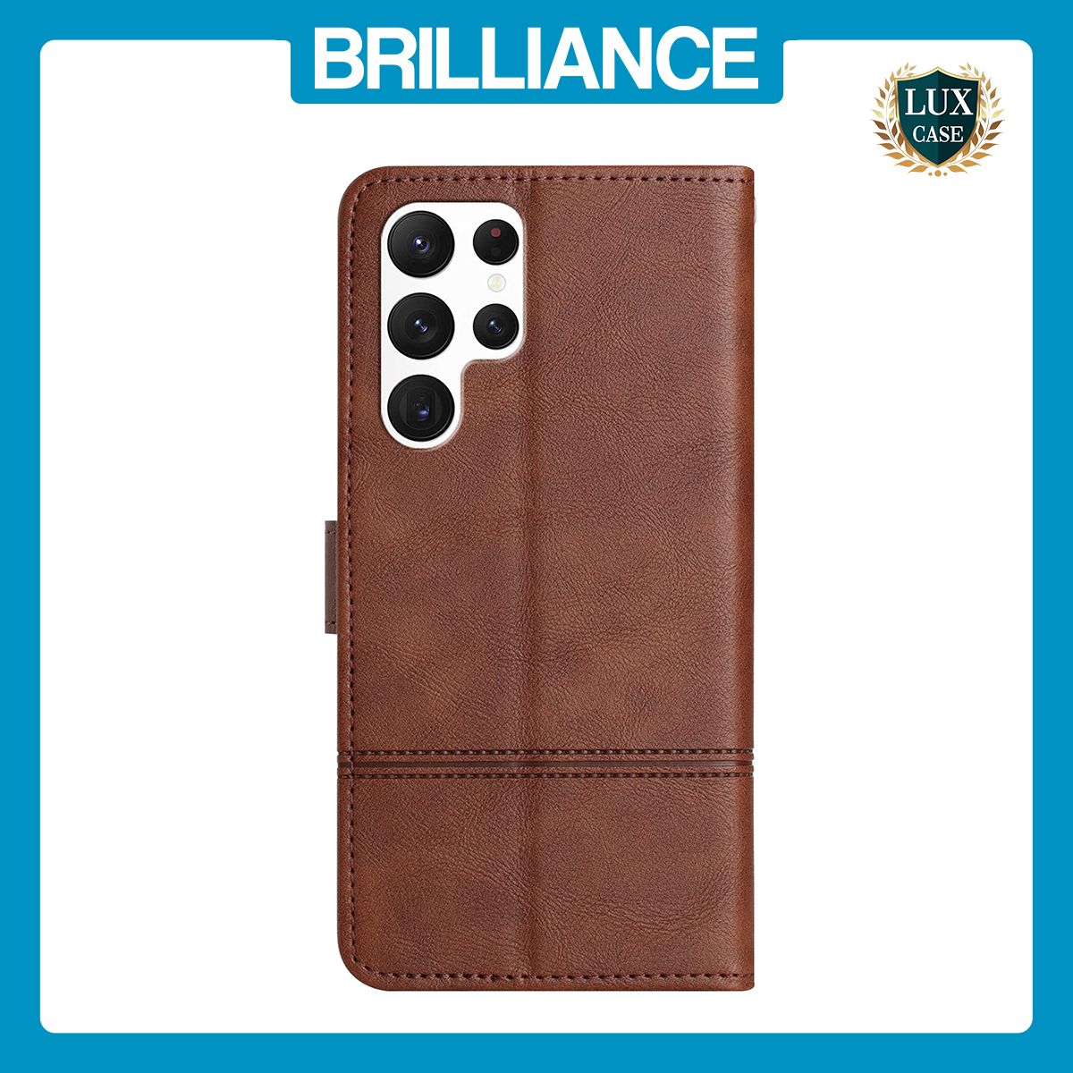 Brilliance LUX Samsung S23 Ultra Flip PU Leather Wallet ShockProof Imprinted Cowhide Texture with Wrist Strap Case Dark Brown