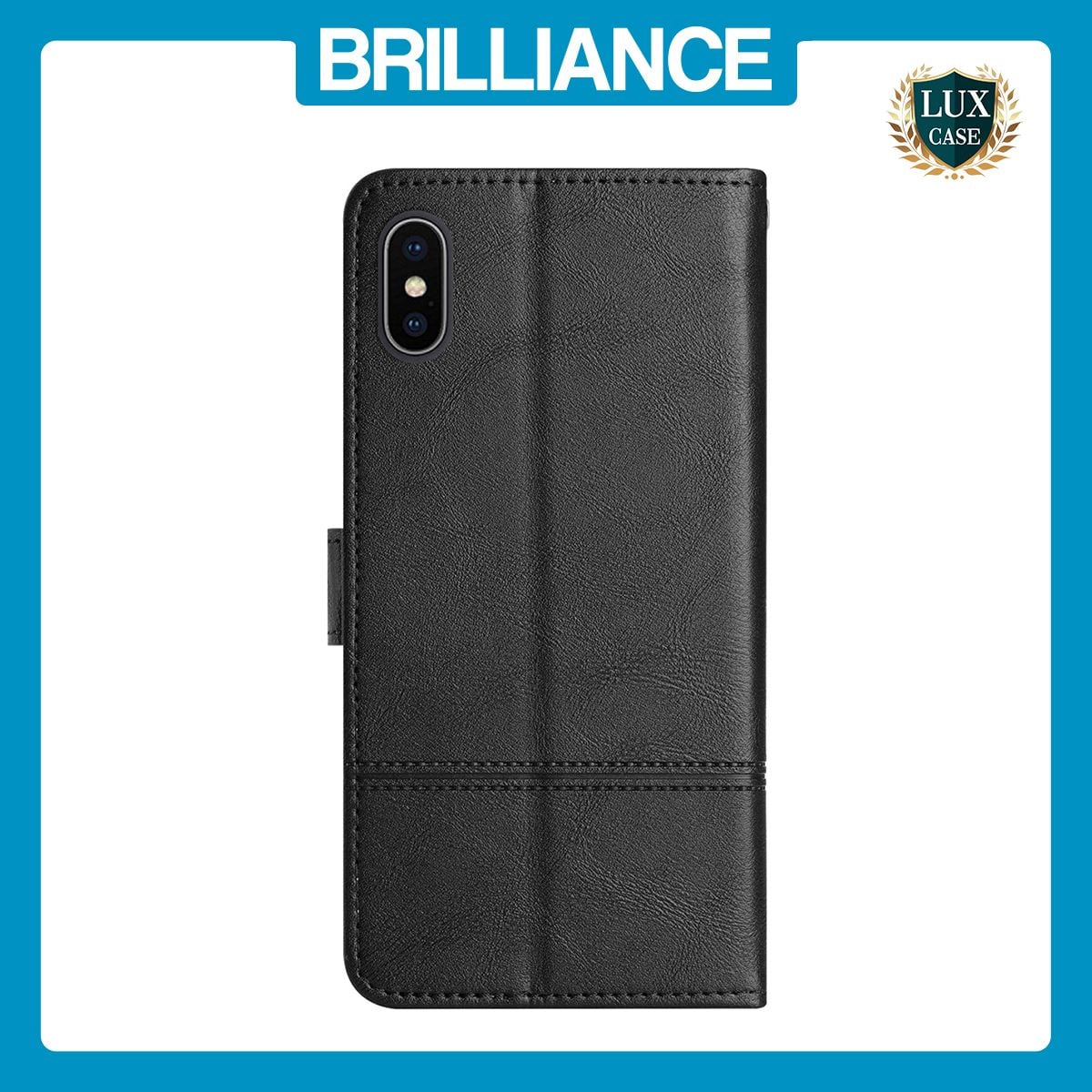 Brilliance LUX iPhone XS Flip PU Leather Wallet ShockProof Imprinted Cowhide Texture with Wrist Strap Case Black