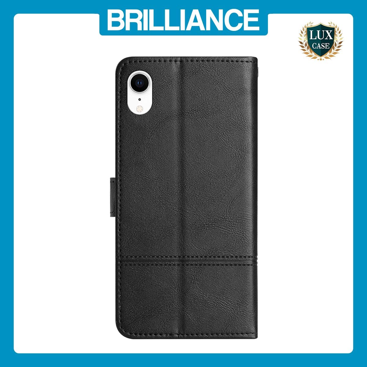 Brilliance LUX iPhone XR Flip PU Leather Wallet ShockProof Imprinted Cowhide Texture with Wrist Strap Case Black