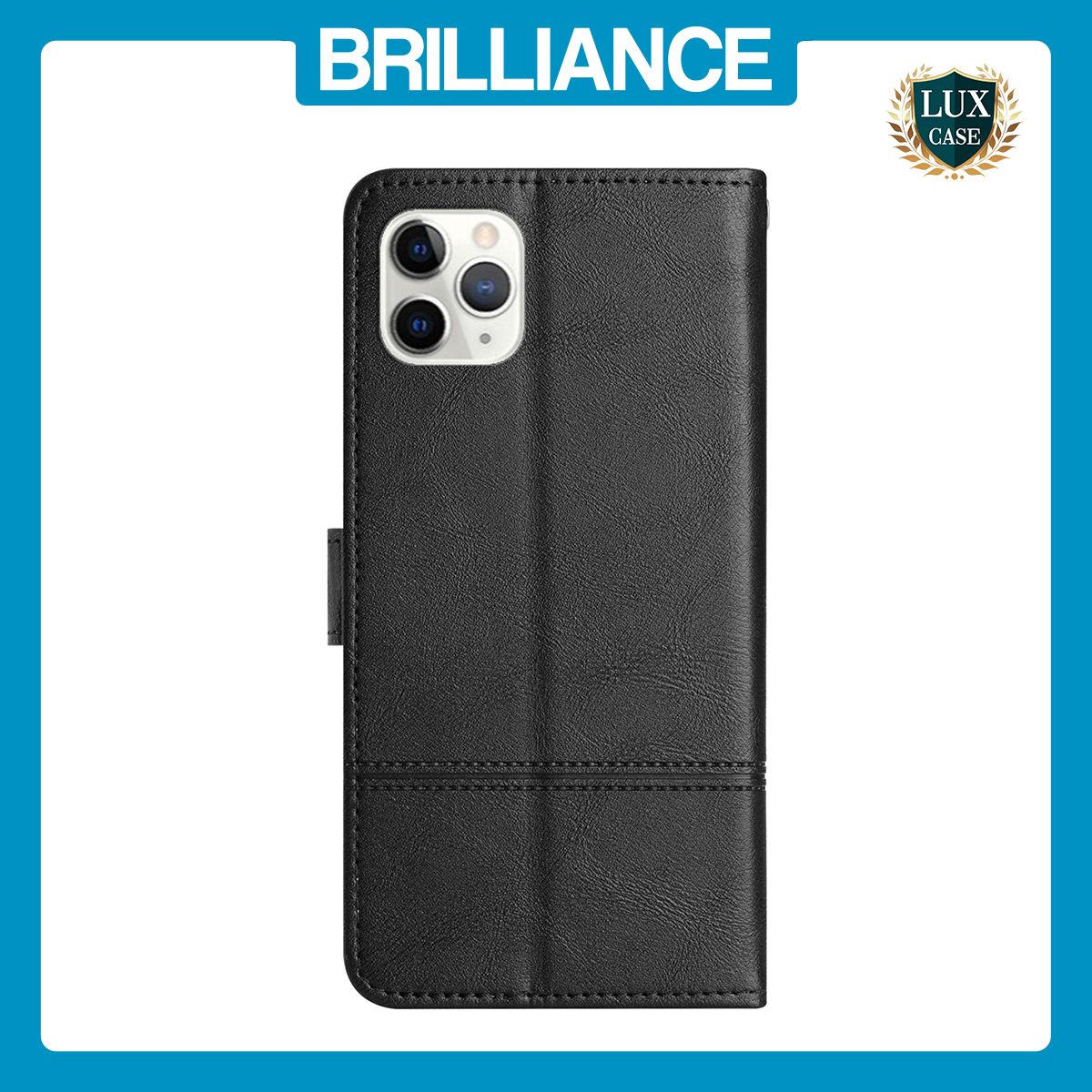 Brilliance LUX iPhone 11 Pro Flip PU Leather Wallet ShockProof Imprinted Cowhide Texture with Wrist Strap Case Black