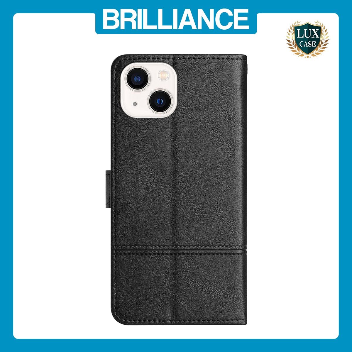 Brilliance LUX iPhone 13 Flip PU Leather Wallet ShockProof Imprinted Cowhide Texture with Wrist Strap Case Black