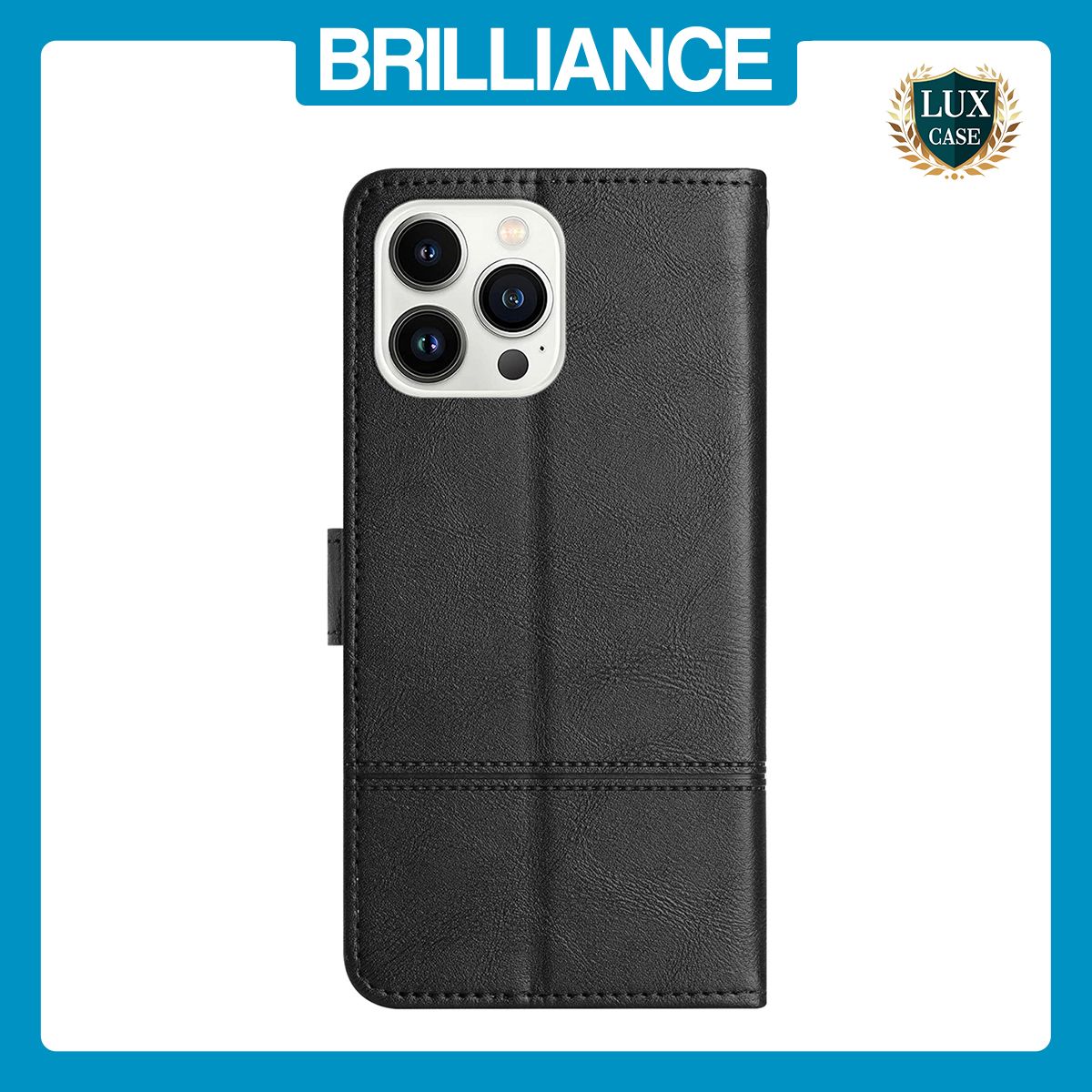 Brilliance LUX iPhone 13 Pro Flip PU Leather Wallet ShockProof Imprinted Cowhide Texture with Wrist Strap Case Black