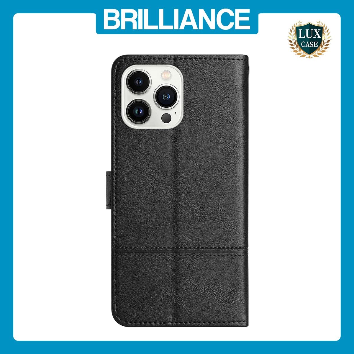 Brilliance LUX iPhone 13 Pro Max Flip PU Leather Wallet ShockProof Imprinted Cowhide Texture with Wrist Strap Case Black