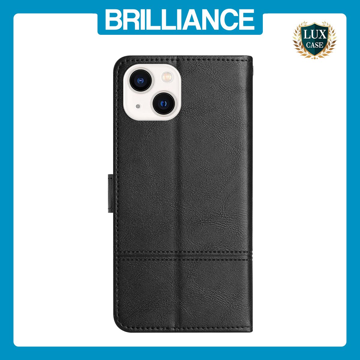 Brilliance LUX iPhone 14 Plus Flip PU Leather Wallet ShockProof Imprinted Cowhide Texture with Wrist Strap Case Black