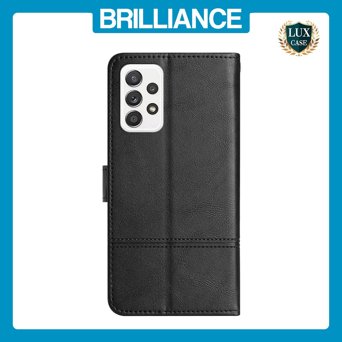 Brilliance LUX Samsung A23 5G Flip PU Leather Wallet ShockProof Imprinted Cowhide Texture with Wrist Strap Case Black