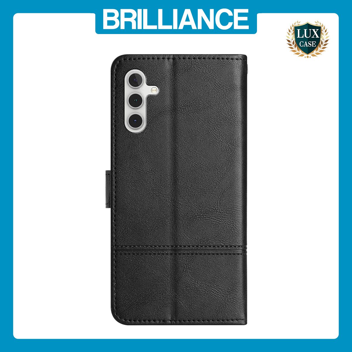 Brilliance LUX Samsung A14 5G Flip PU Leather Wallet ShockProof Imprinted Cowhide Texture with Wrist Strap Case Black