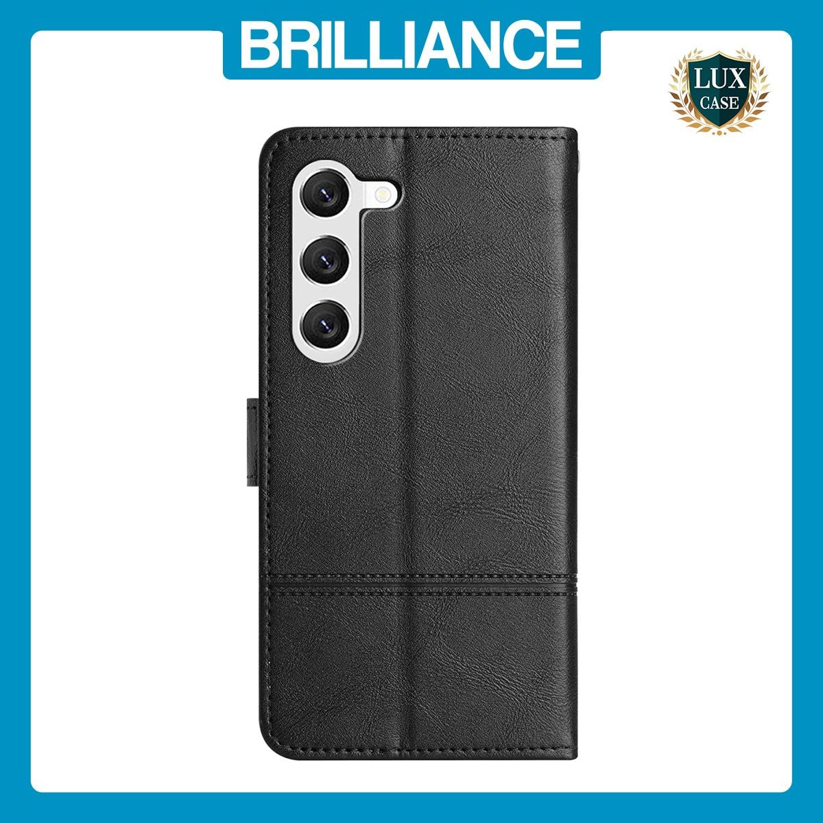 Brilliance LUX Samsung S23 Plus Flip PU Leather Wallet ShockProof Imprinted Cowhide Texture with Wrist Strap Case Black