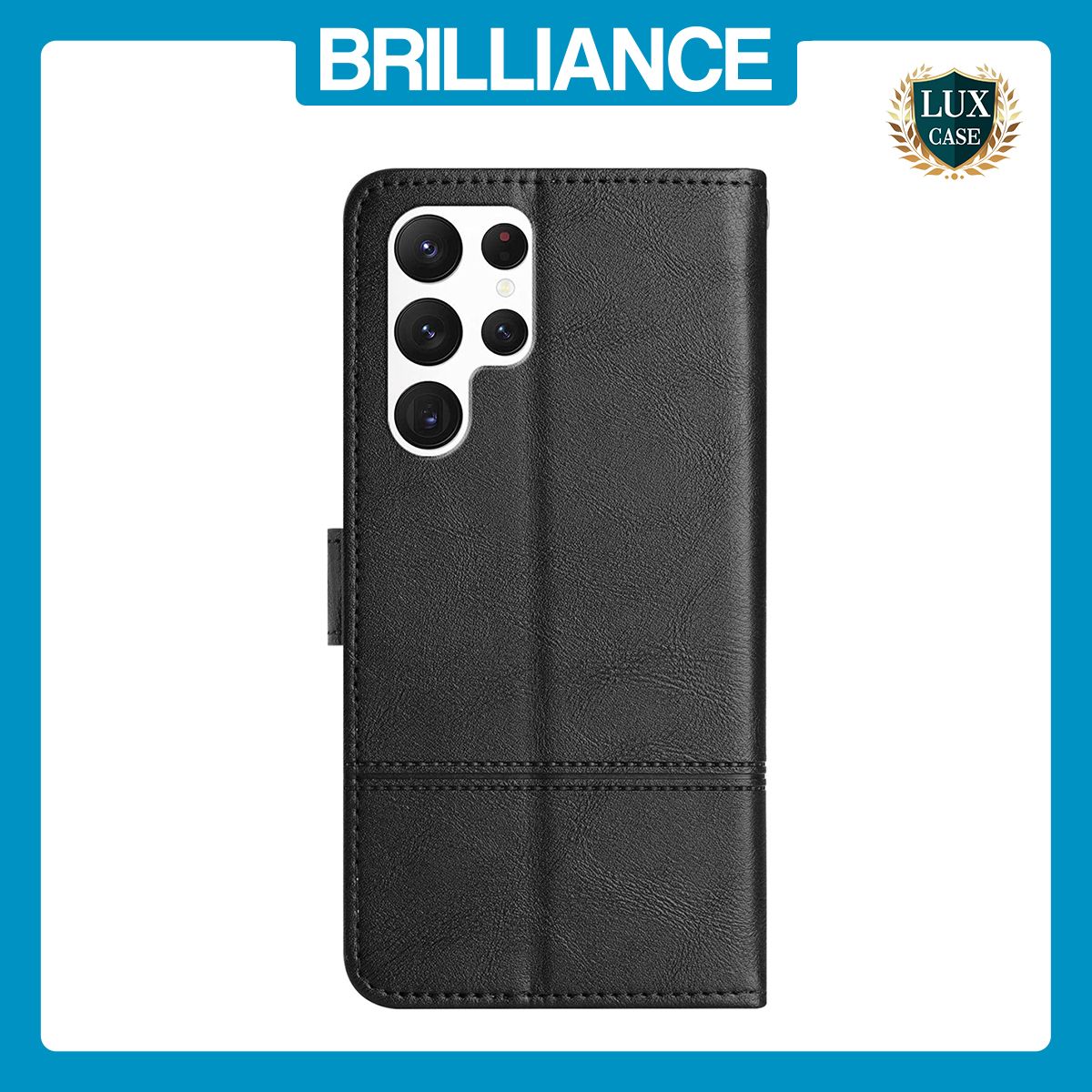 Brilliance LUX Samsung S23 Ultra Flip PU Leather Wallet ShockProof Imprinted Cowhide Texture with Wrist Strap Case Black