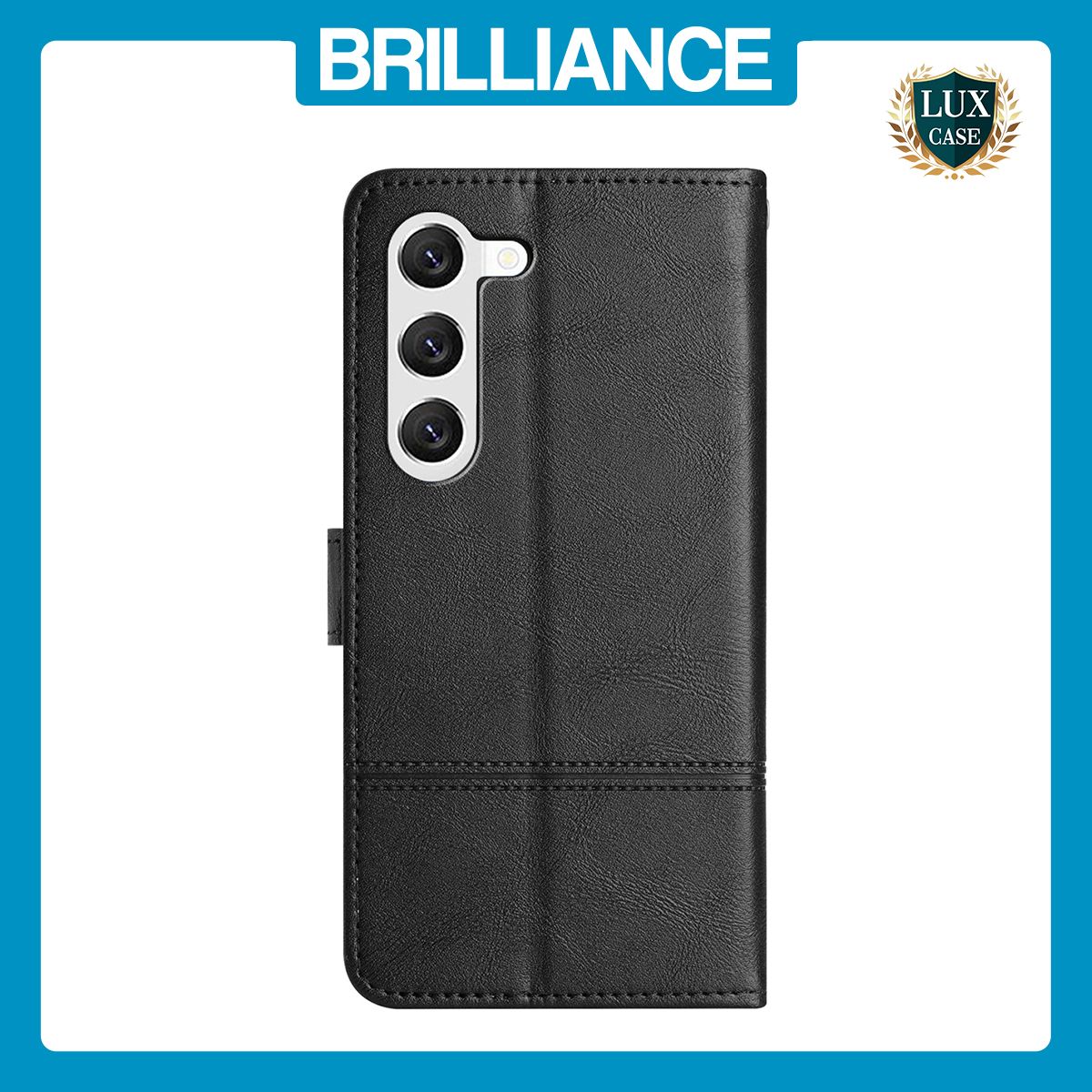 Brilliance LUX Samsung S24 Flip PU Leather Wallet ShockProof Imprinted Cowhide Texture with Wrist Strap Case Black