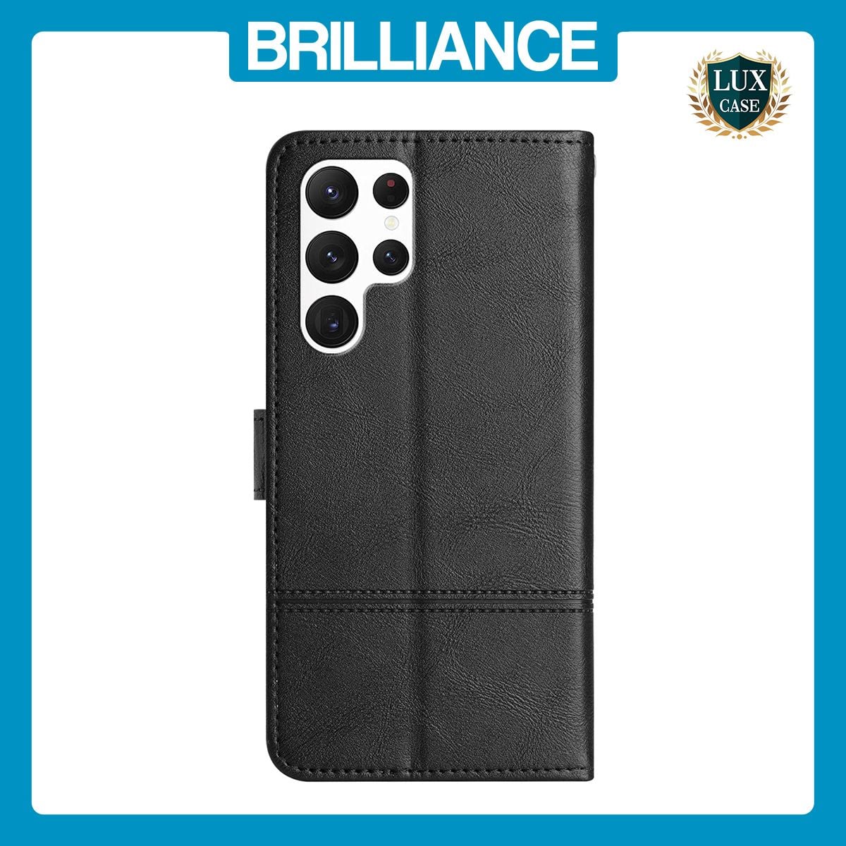 Brilliance LUX Samsung S24 Ultra Flip PU Leather Wallet ShockProof Imprinted Cowhide Texture with Wrist Strap Case Black