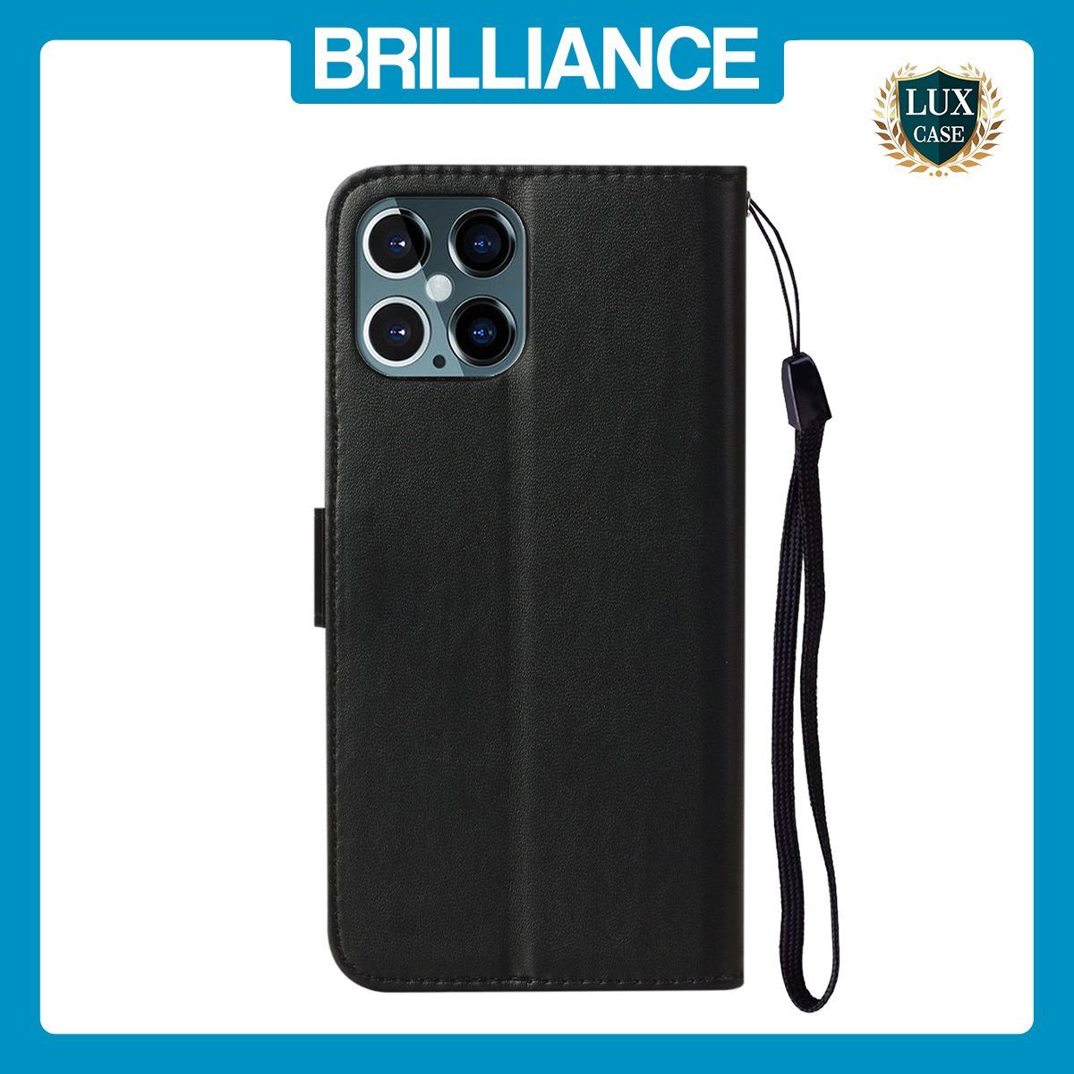 Brilliance LUX iPhone 12 Pro Max Flip PU Leather Wallet Classic Card Pockets with Wrist Strap Case Black