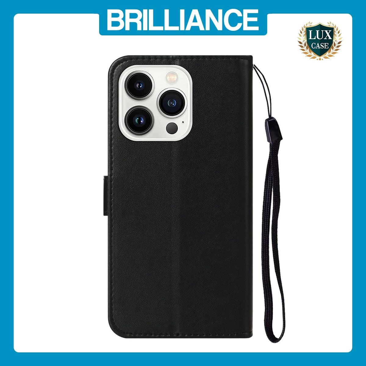 Brilliance LUX iPhone 13 Pro Max Flip PU Leather Wallet Classic Card Pockets with Wrist Strap Case Black
