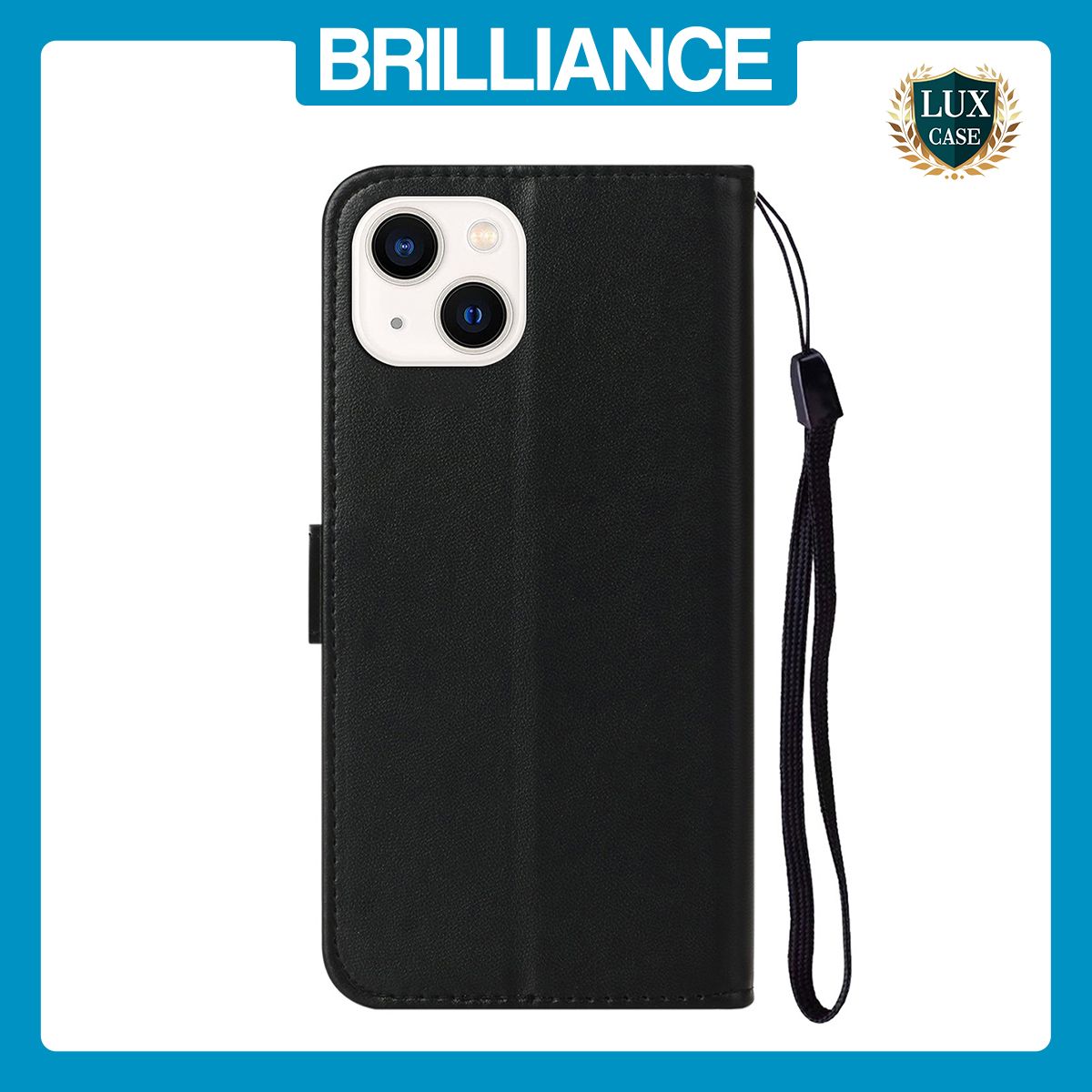 Brilliance LUX iPhone 14 Flip PU Leather Wallet Classic Card Pockets with Wrist Strap Case Black