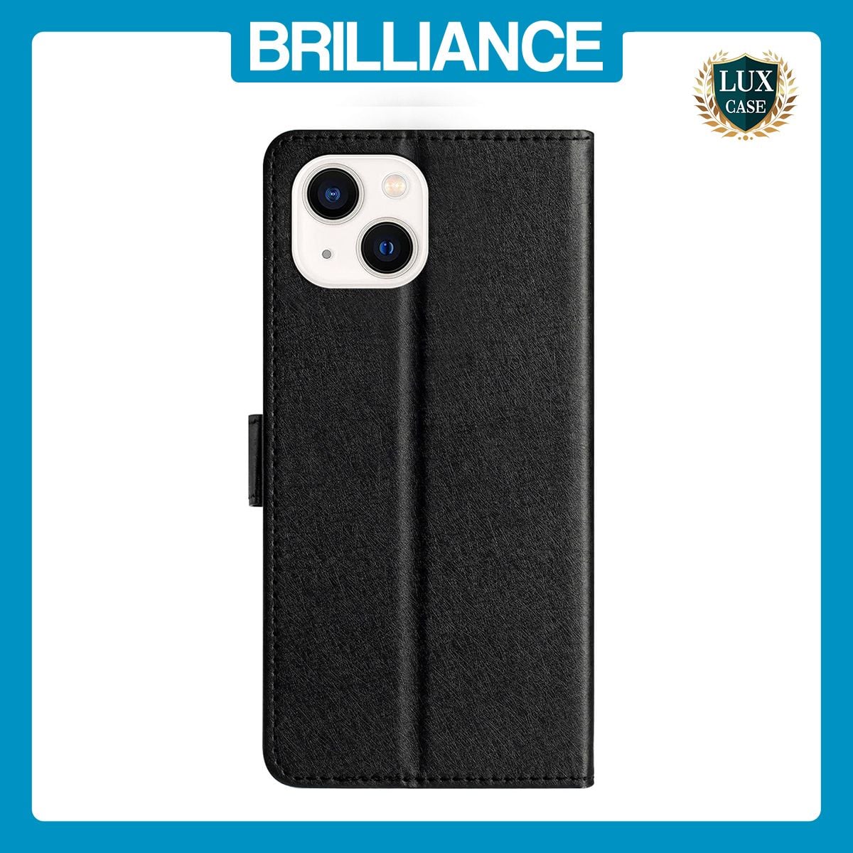 Brilliance LUX iPhone 15 Plus Flip PU Leather Wallet Silk Print Card Pockets with Wrist Strap Case Black