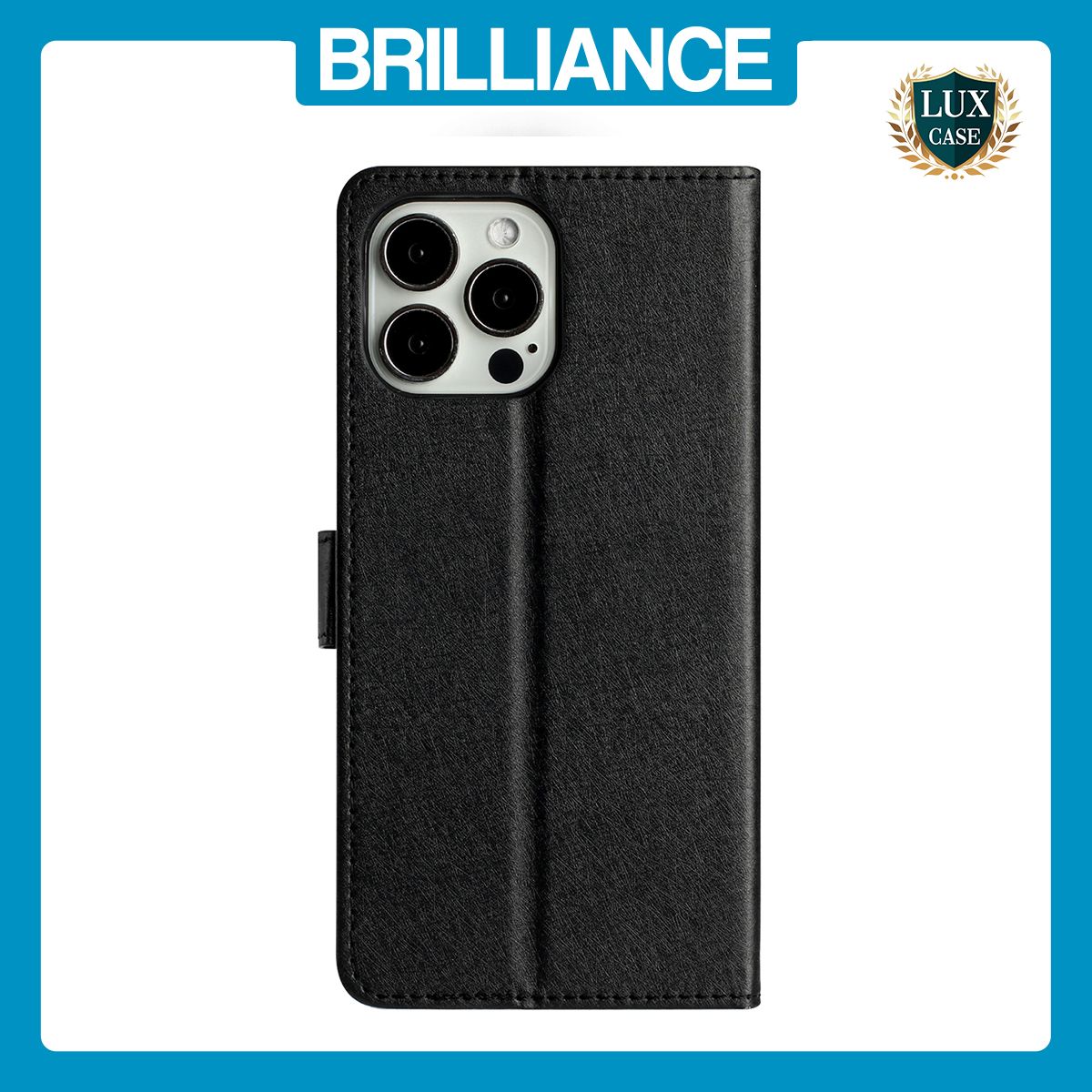 Brilliance LUX iPhone 15 Pro Max Flip PU Leather Wallet Silk Print Card Pockets with Wrist Strap Case Black