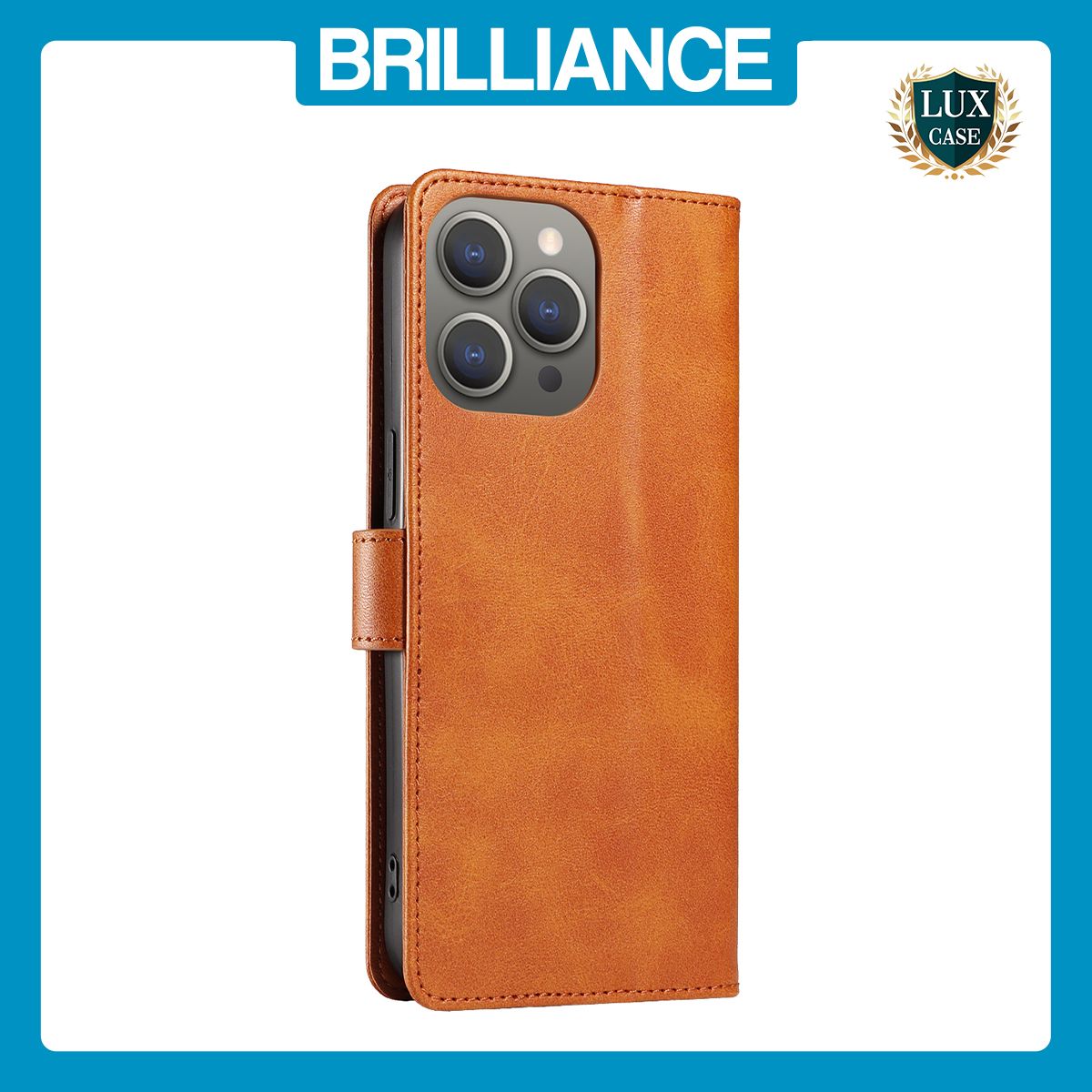 Brilliance LUX iPhone 12 Pro Max Book Flip Soft PU Leather Wallet with Card Pockets Case Light Brown
