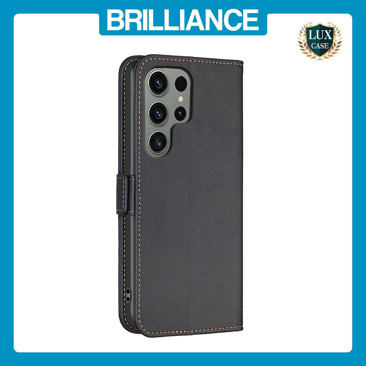 Brilliance LUX Samsung S23 Ultra Flip Book PU Leather Wallet Holder & Stand with Card Pockets Case Black