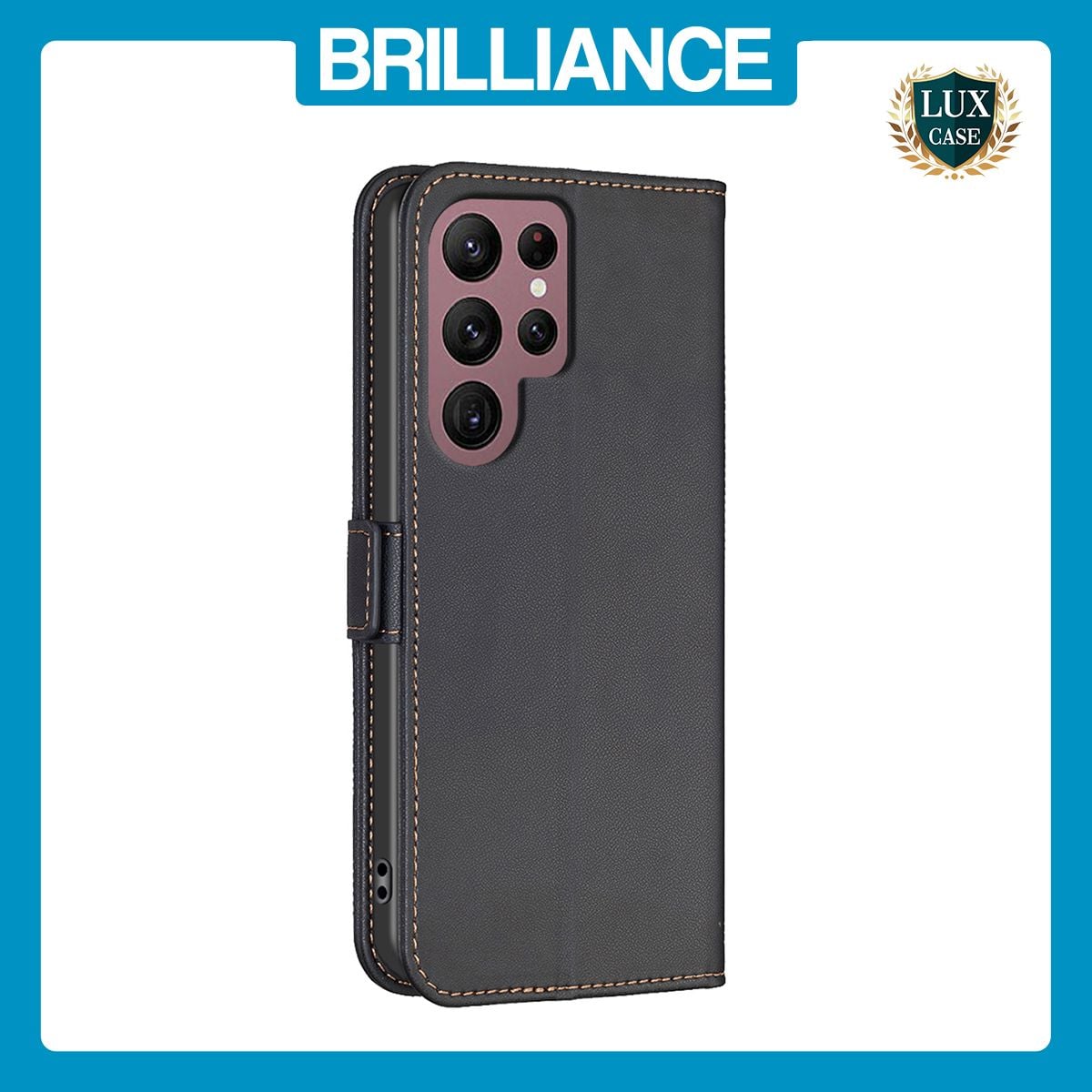 Brilliance LUX Samsung S22 Ultra Flip Book PU Leather Wallet  Holder & Stand with Card Pockets Case Black