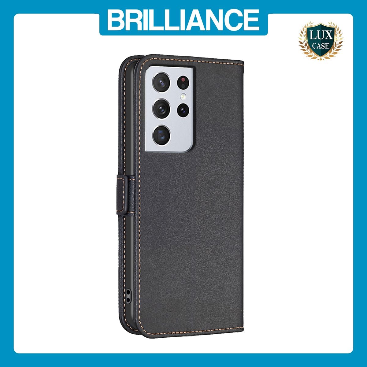 Brilliance LUX Samsung S21 Ultra Flip Book PU Leather Wallet Holder & Stand with Card Pockets Case Black