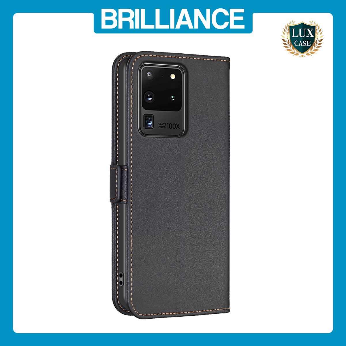 Brilliance LUX Samsung S20 Ultra Flip Book PU Leather Wallet Holder & Stand with Card Pockets Case Black