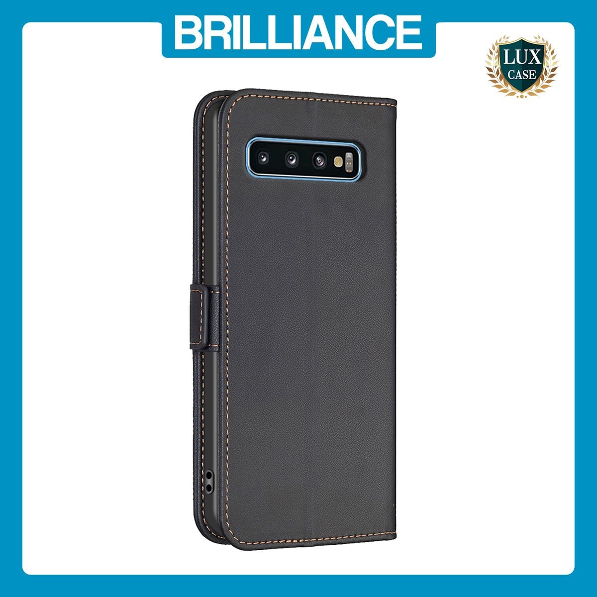 Brilliance LUX Samsung S10 Flip Book PU Leather Wallet Holder & Stand with Card Pockets Case Black