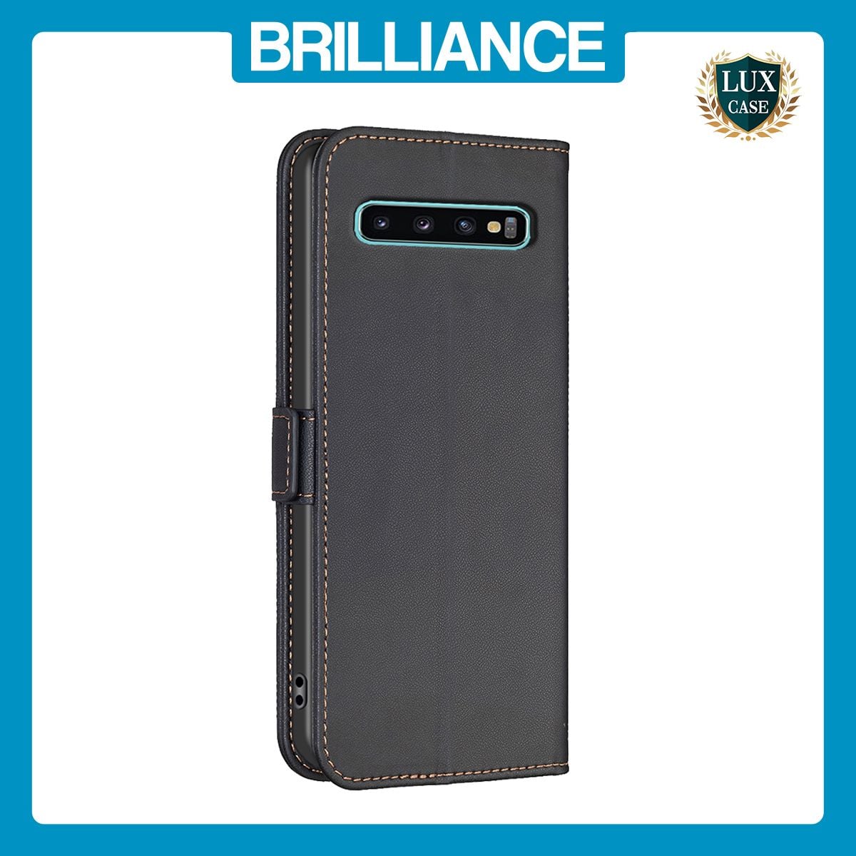 Brilliance LUX Samsung S10 Plus Flip Book PU Leather Wallet Holder & Stand with Card Pockets Case Black