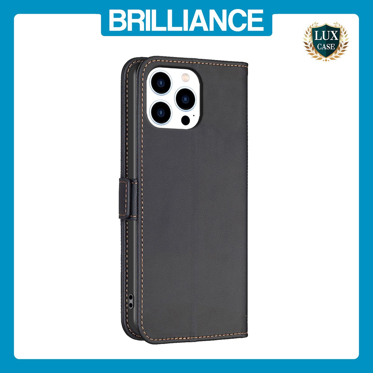 Brilliance LUX iPhone 13 Pro Max Flip Book PU Leather Wallet Holder & Stand with Card Pockets Case Black