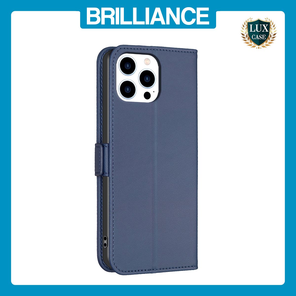 Brilliance LUX iPhone 15 Pro Max Flip Book PU Leather Wallet Holder & Stand with Card Pockets Case Blue