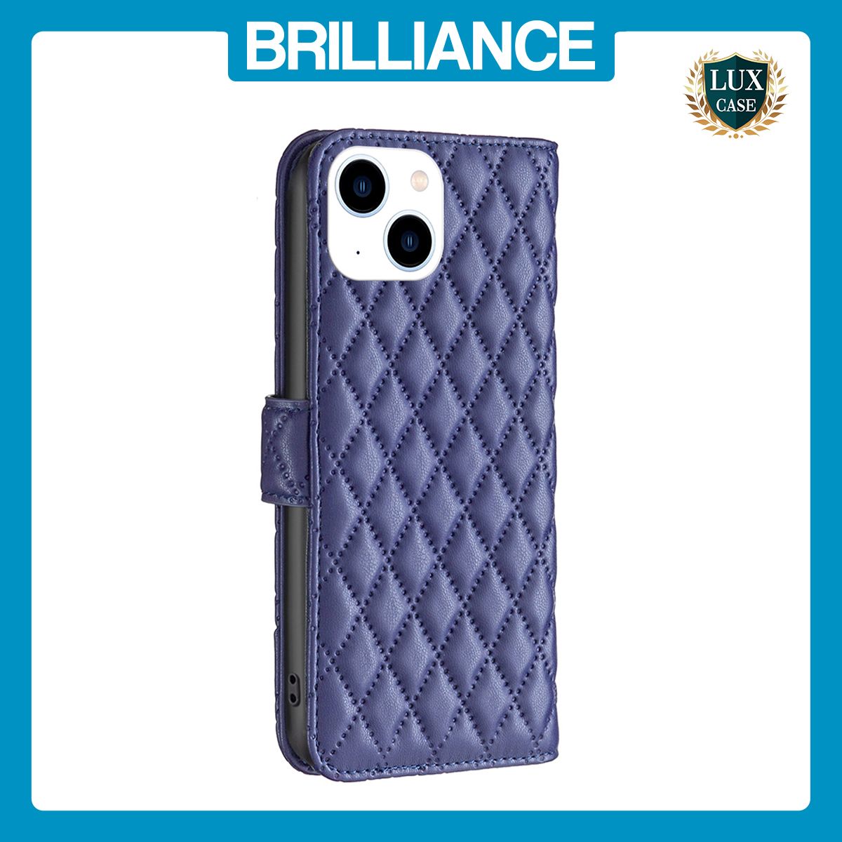Brilliance LUX iPhone 15 Flip Book PU real Leather Wallet Holder & Kickstand with Card Pockets Case Blue