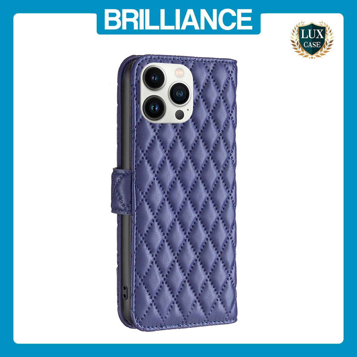 Brilliance LUX iPhone 13 Pro Max Flip Book PU real Leather Wallet Holder & Kickstand with Card Pockets Case Blue