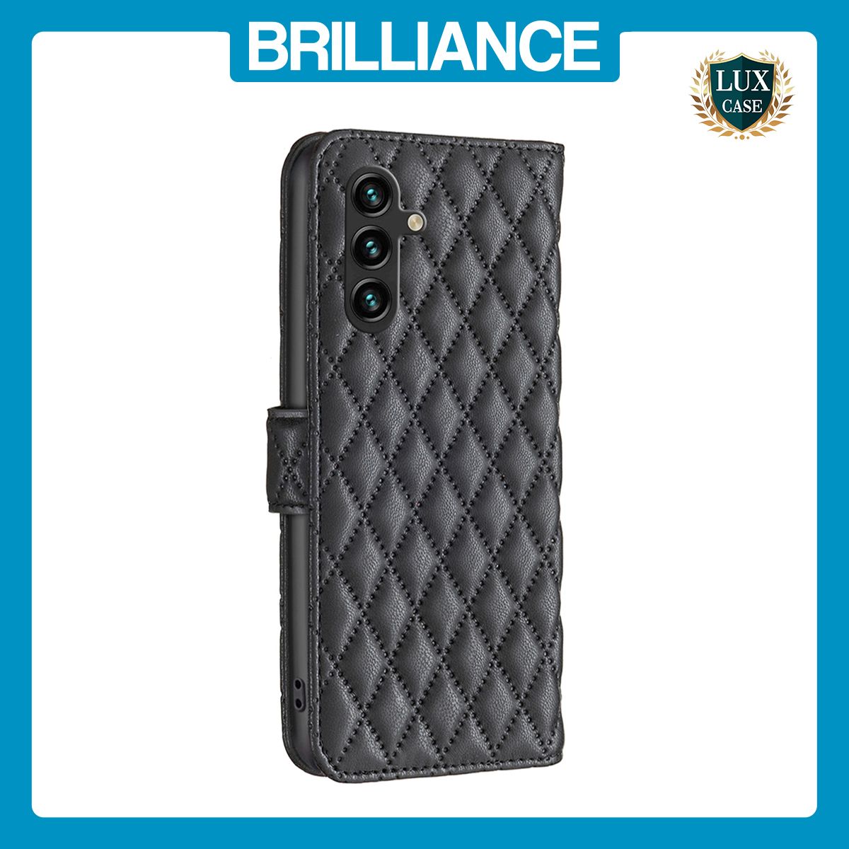 Brilliance LUX Samsung A05S Flip Book PU real Leather Wallet Holder & Kickstand with Card Pockets Case Black