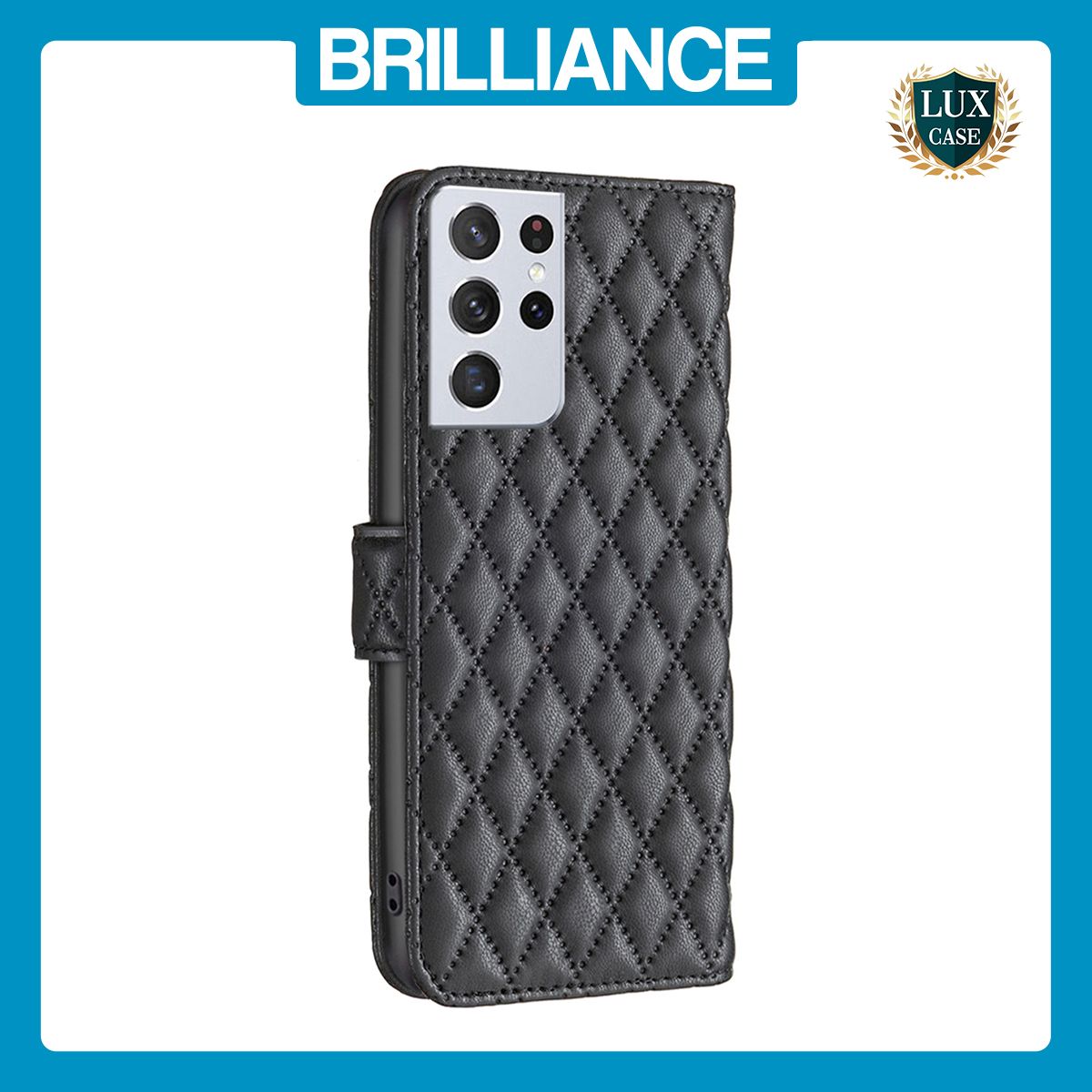 Brilliance LUX Samsung S21 Ultra Flip Book PU real Leather Wallet Holder & Kickstand with Card Pockets Case Black