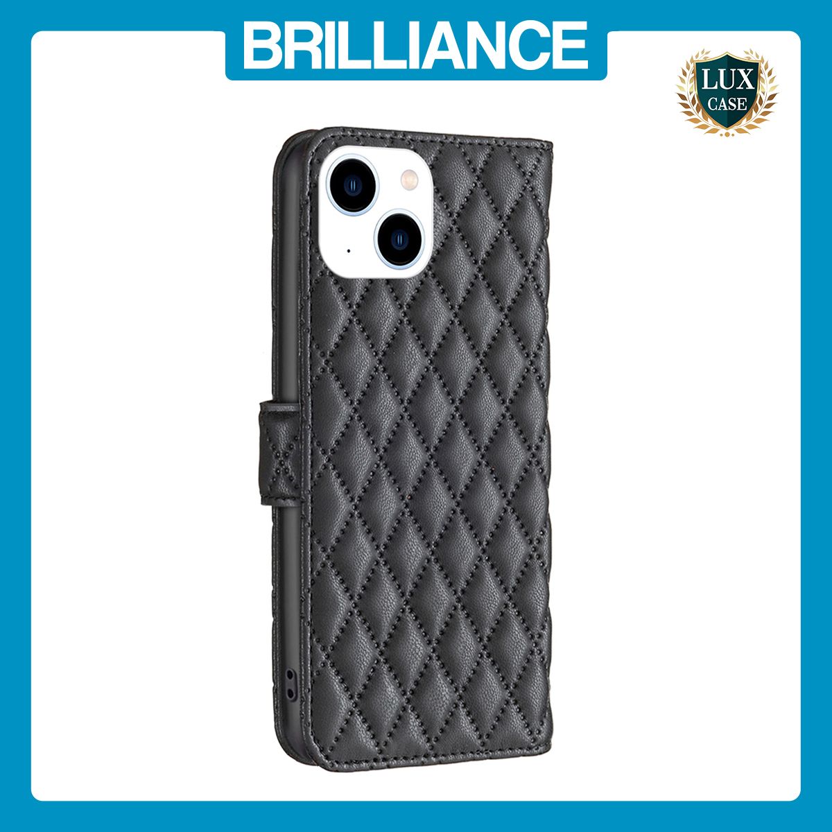 Brilliance LUX iPhone 15 Flip Book PU real Leather Wallet Holder & Kickstand with Card Pockets Case Black