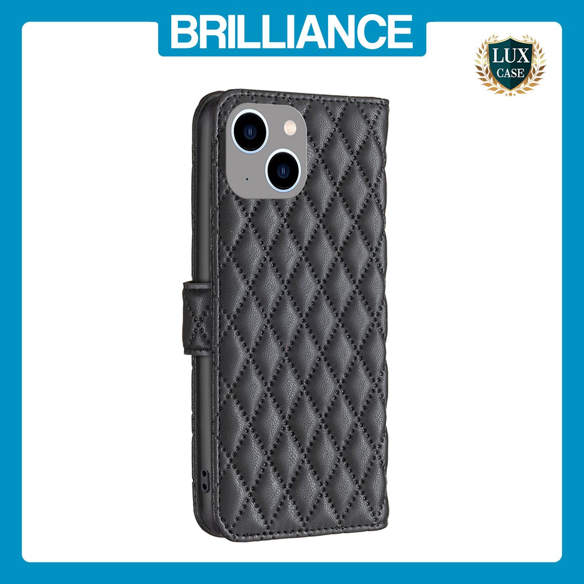 Brilliance LUX iPhone 15 Plus/14 Plus Flip Book PU real Leather Wallet Holder & Kickstand with Card Pockets Case Black