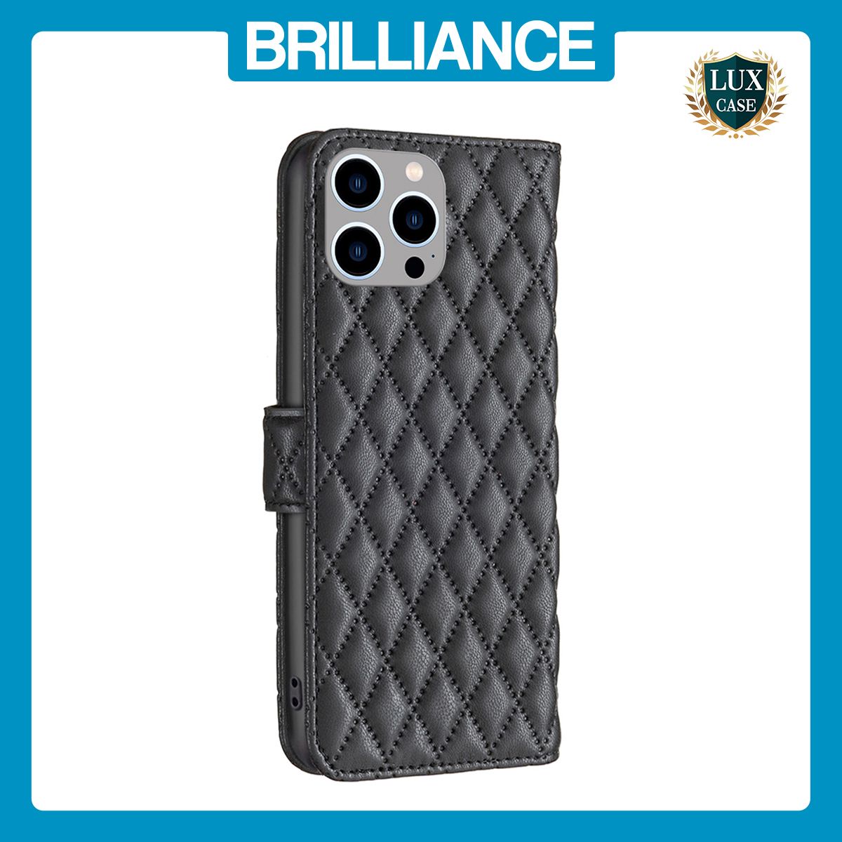 Brilliance LUX iPhone 15 Pro Max Flip Book PU real Leather Wallet Holder & Kickstand with Card Pockets Case Black