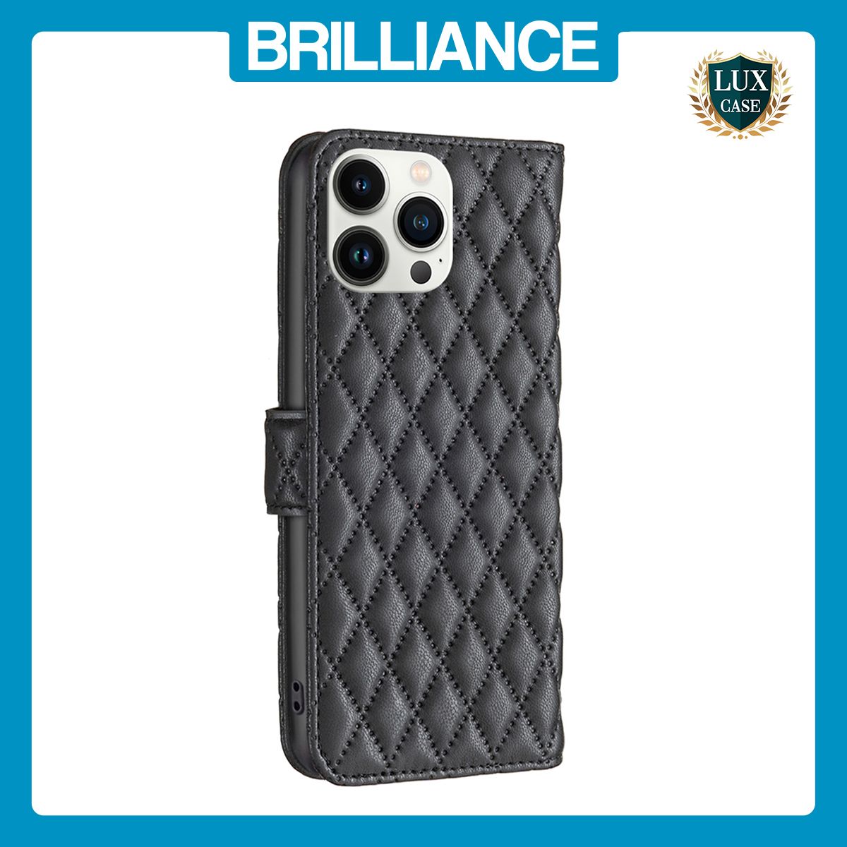 Brilliance LUX iPhone 13 Pro Max Flip Book PU real Leather Wallet Holder & Kickstand with Card Pockets Case Black