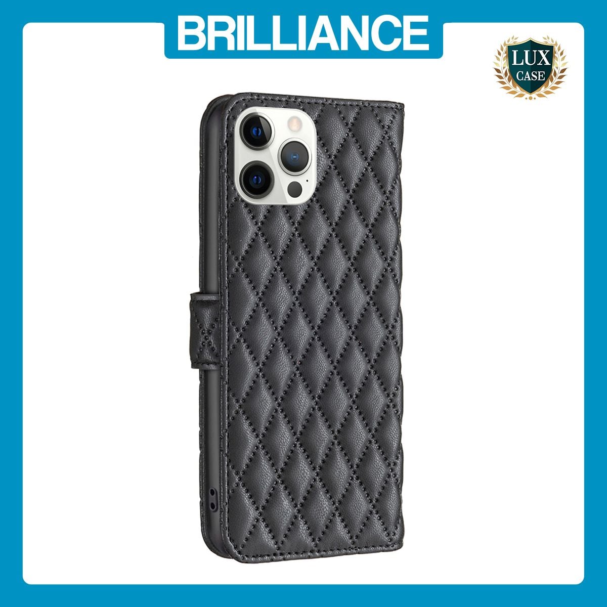 Brilliance LUX iPhone 12 Pro Max Flip Book PU real Leather Wallet Holder & Kickstand with Card Pockets Case Black