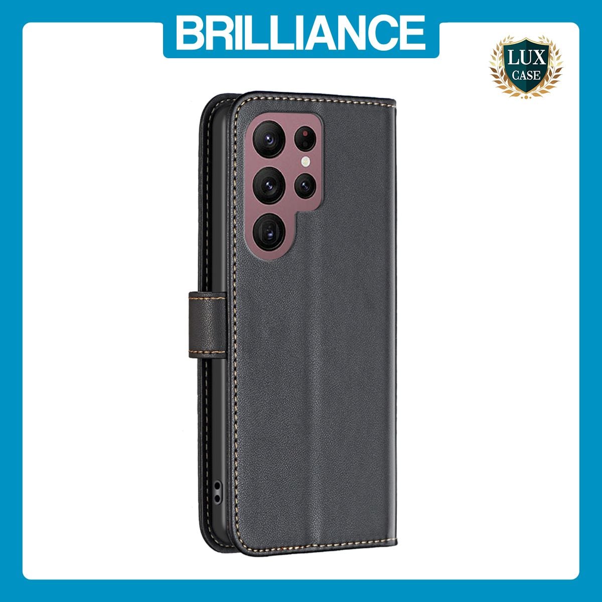 Brilliance LUX Samsung S22 Ultra Flip Book PU Genuine Leather Detachable Strong Magnetic Wallet with Card Pockets Case Black