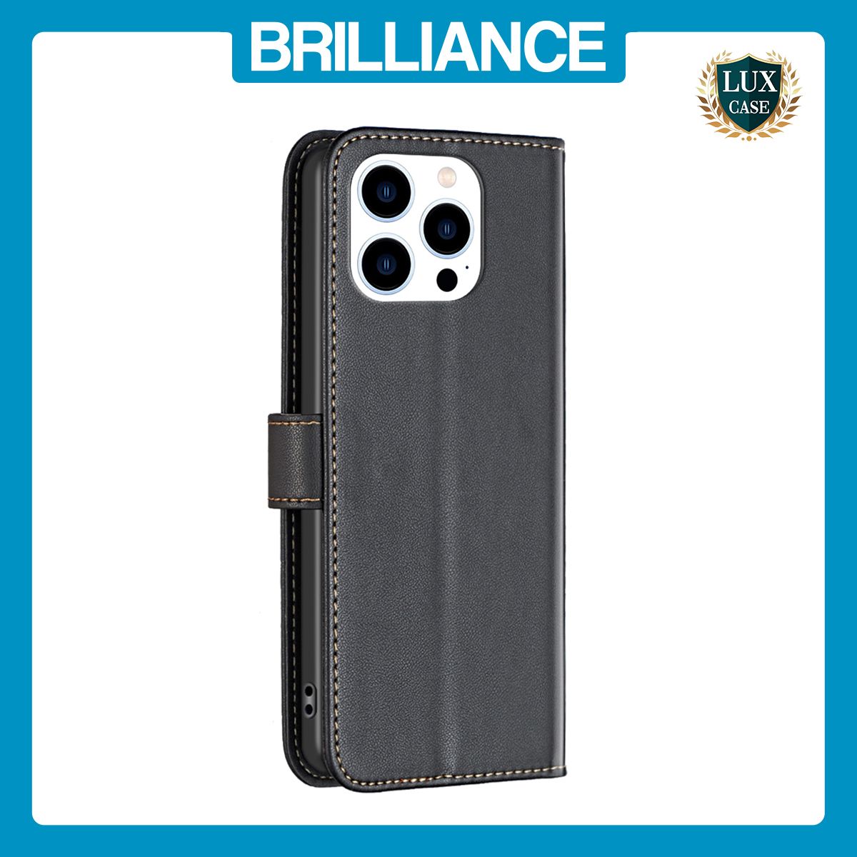 Brilliance LUX iPhone 15 Pro Max Flip Book PU Genuine Leather Detachable Strong Magnetic Wallet with Card Pockets Case Black