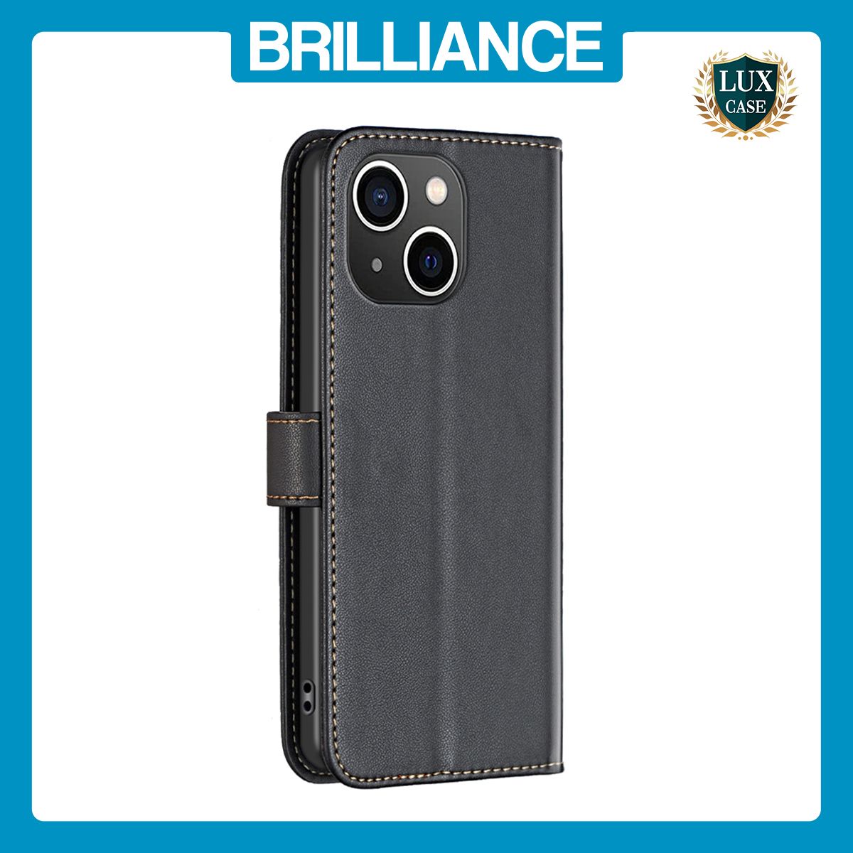 Brilliance LUX iPhone 13/14 Flip Book PU Genuine Leather Detachable Strong Magnetic Wallet with Card Pockets Case Black