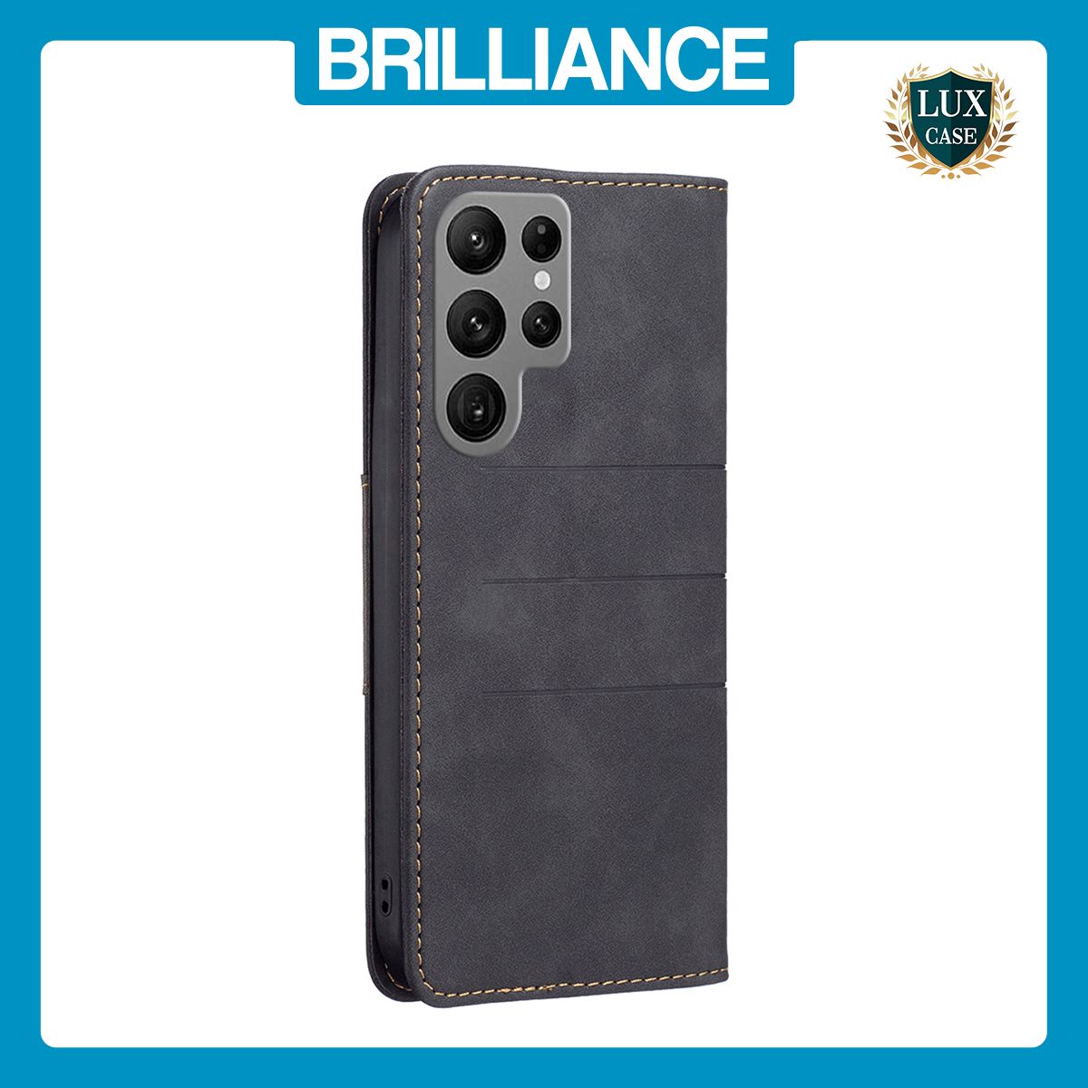 Brilliance LUX Samsung S23 Ulltra Flip PU Leather Stitching Colors Dark Magnetic Wallet with Card Pockets Case Black