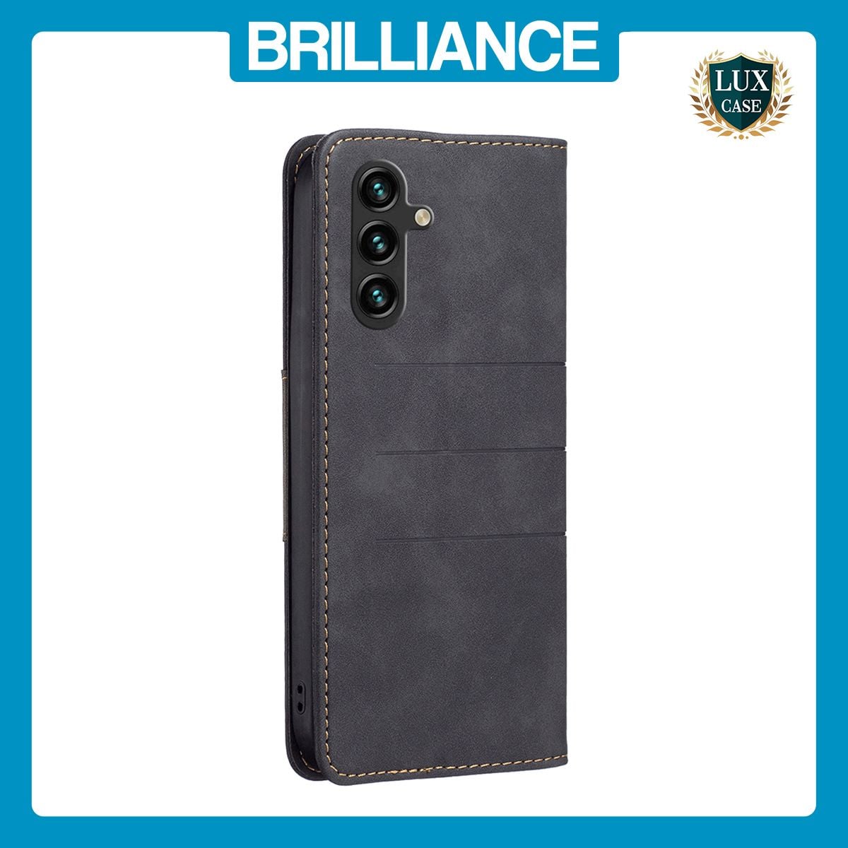 Brilliance LUX Samsung A14 5G Flip PU Leather Stitching Colors Dark Magnetic Wallet with Card Pockets Case Black