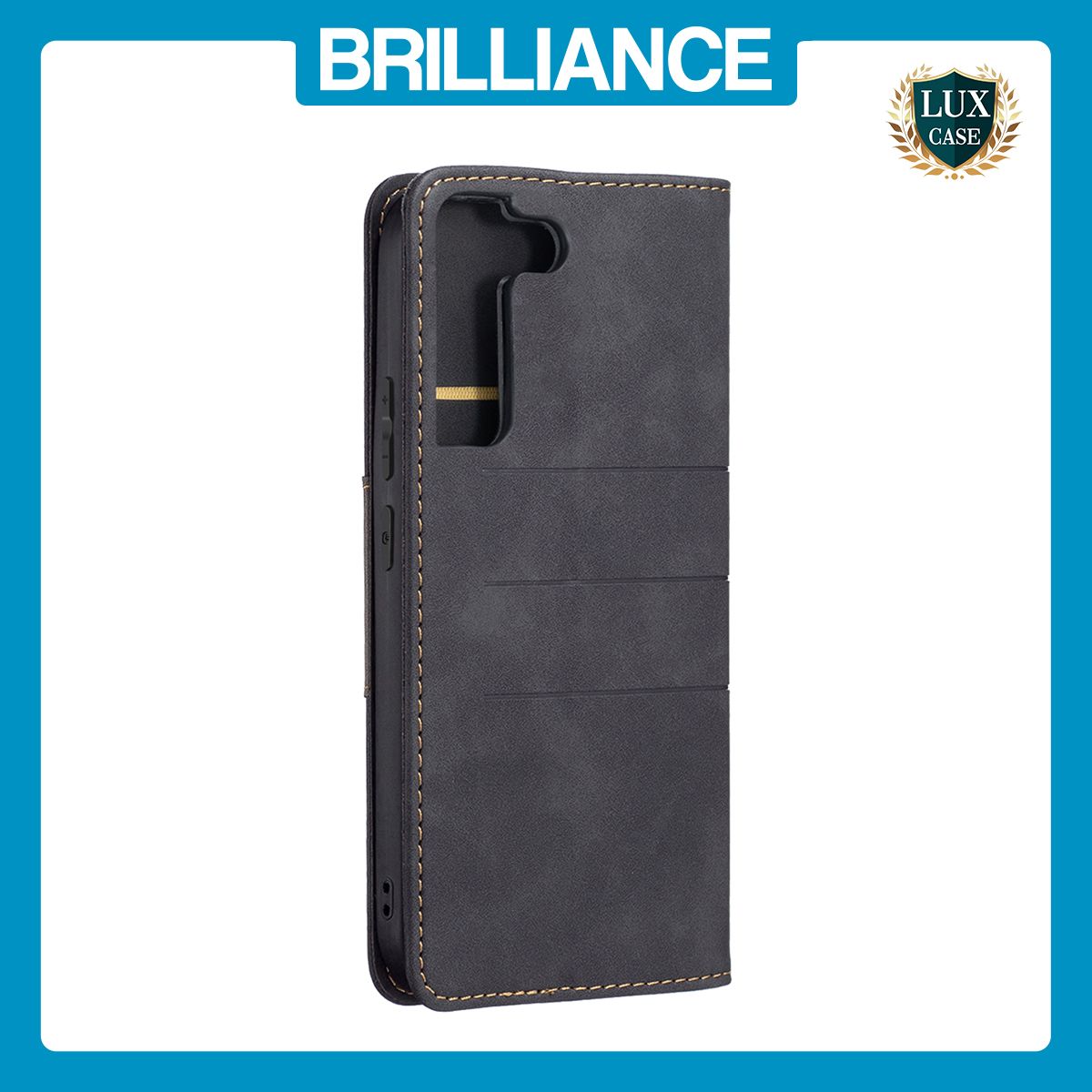 Brilliance LUX Samsung S22 Plus Flip PU Leather Stitching Colors Dark Magnetic Wallet with Card Pockets Case Black