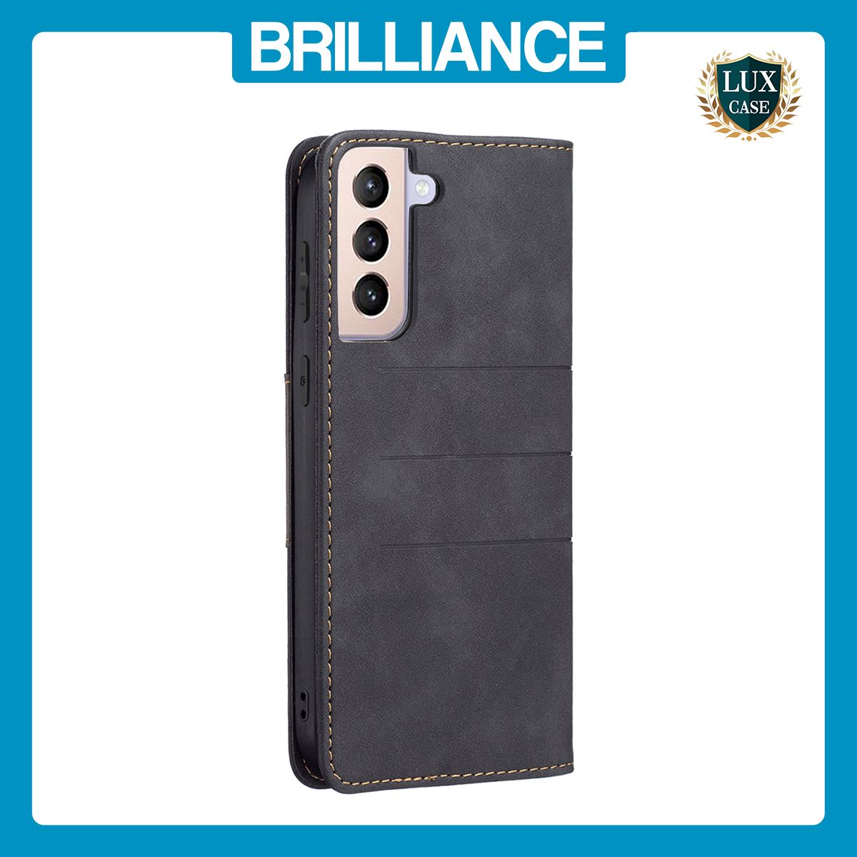 Brilliance LUX Samsung S21 Plus Flip PU Leather Stitching Colors Dark Magnetic Wallet with Card Pockets Case Black