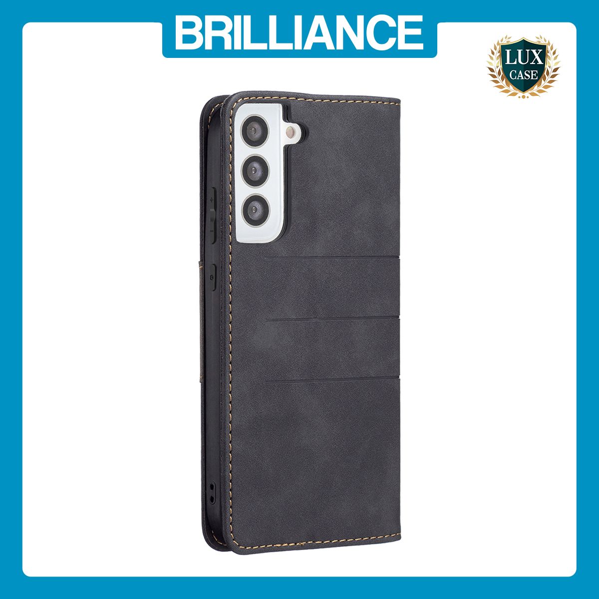 Brilliance LUX Samsung S21 Flip PU Leather Stitching Colors Dark Magnetic Wallet with Card Pockets Case Black