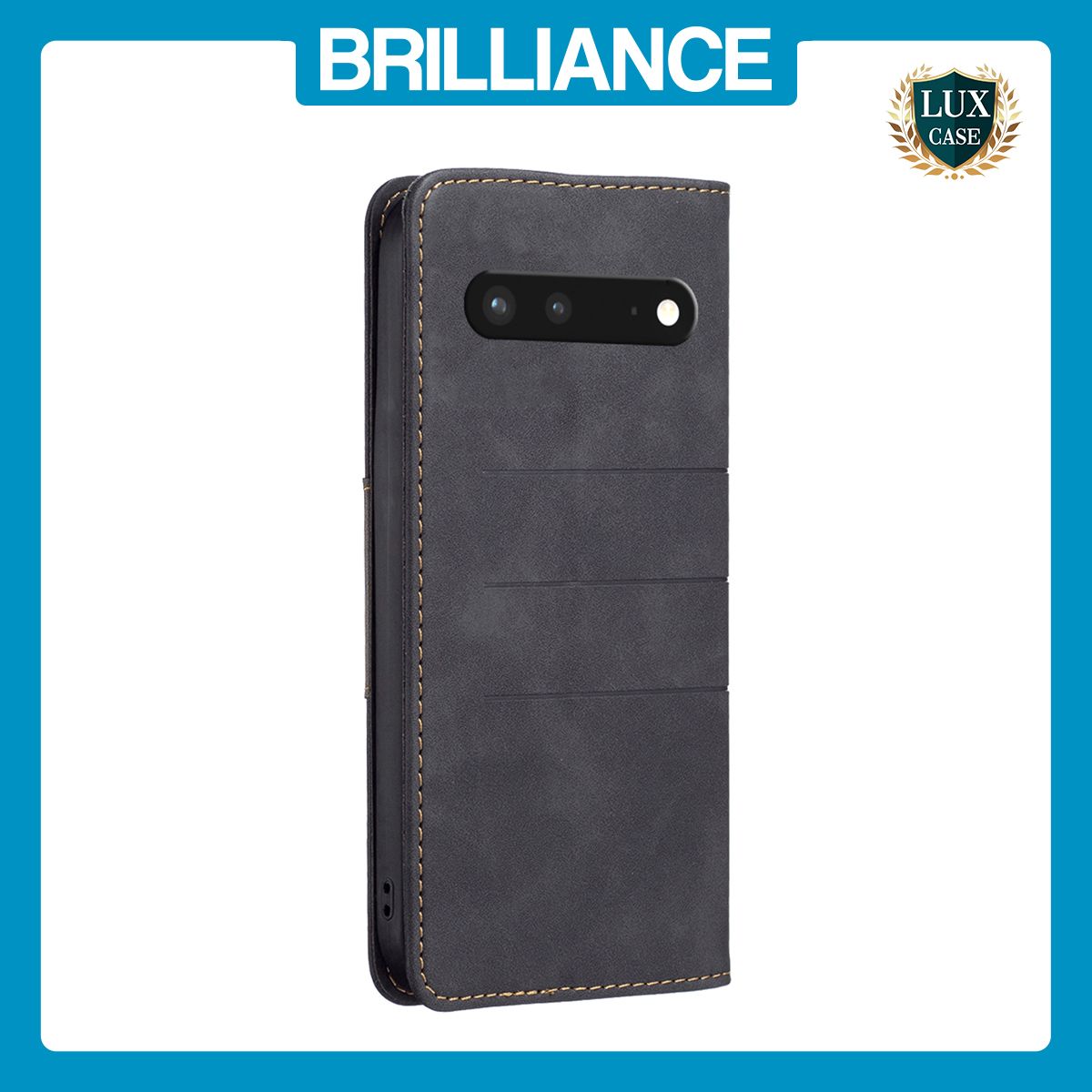 Brilliance LUX iPhone GOOGLE PIXEL7 Flip PU Leather Stitching Colors Dark Magnetic Wallet with Card Pockets Case Black