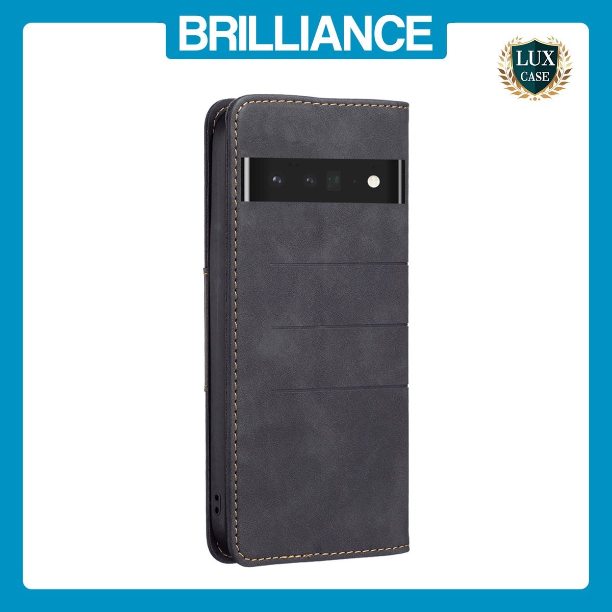 Brilliance LUX iPhone GOOGLE PIXEL7 Pro Flip PU Leather Stitching Colors Dark Magnetic Wallet with Card Pockets Case Black
